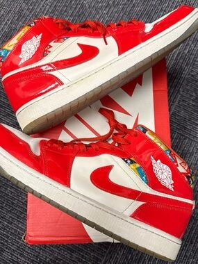 Jordan 1 Mid Barcelona Sweater Red Patent Sneakers